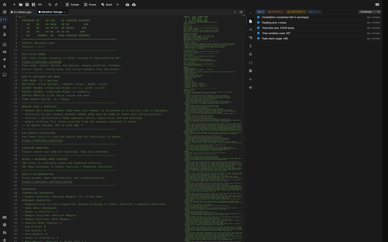 A completed Tunez GPC script open and compiled in Zen Studio Live