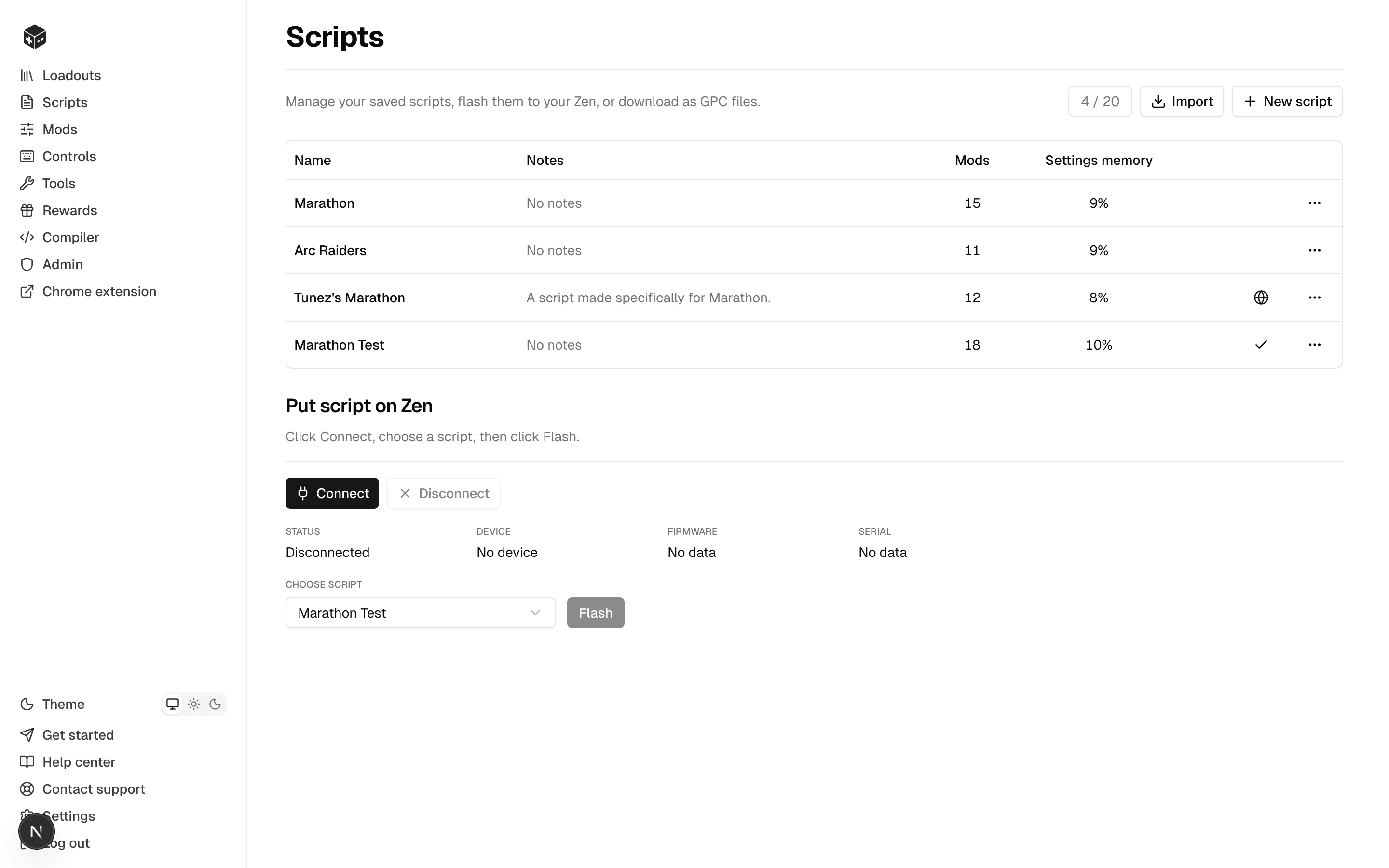Tunez Scripts screen with all saved scripts and Zen controls